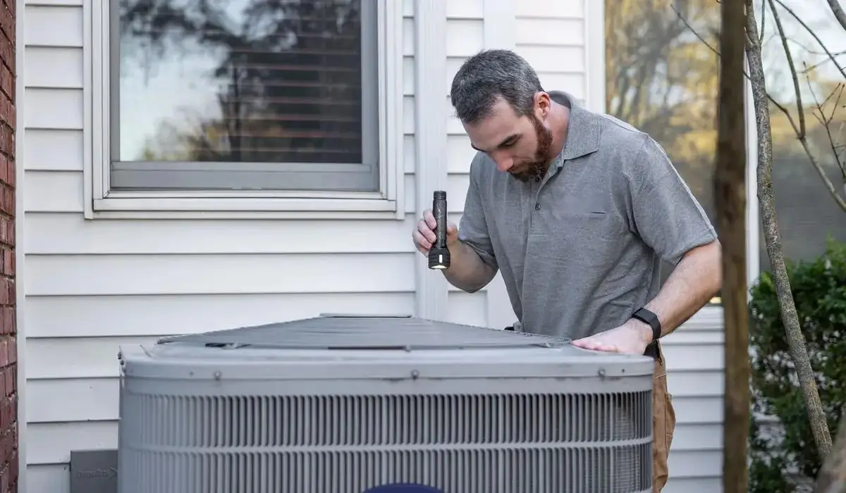 A technician servicing an outdoor air conditioning unit beside a house
